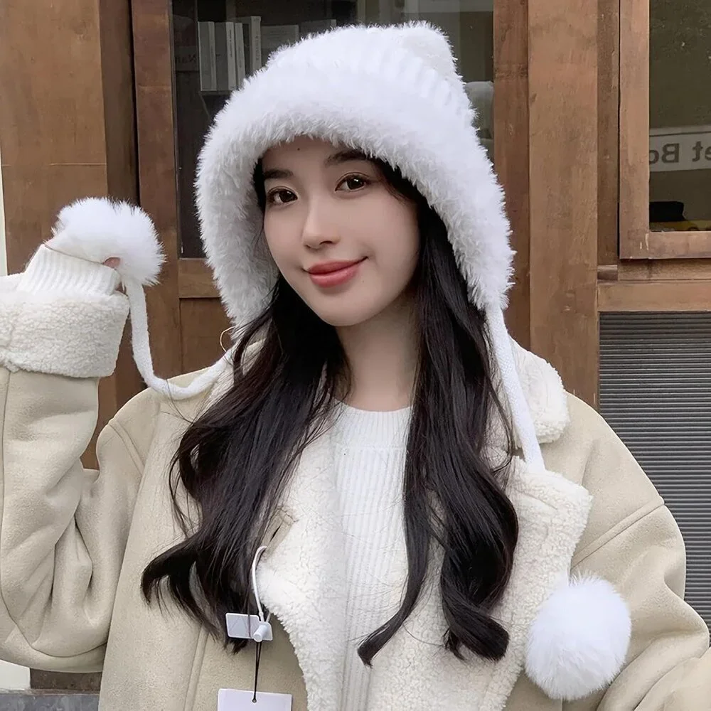Women White  Winter Sherpa Beanie Hats Knit Ear Flaps Peruvian Cover Ears